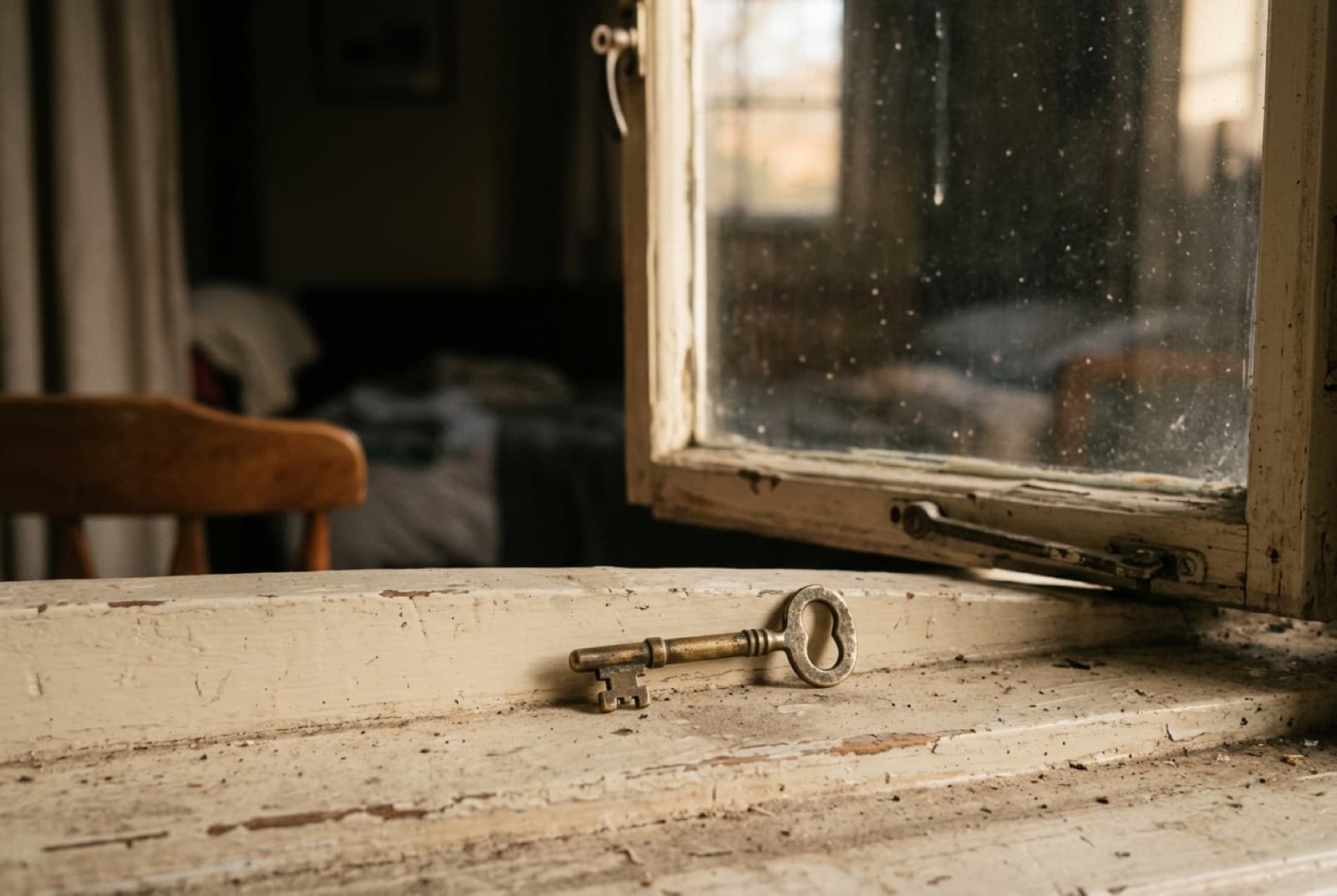 An old key resting on a windowsill in morning light