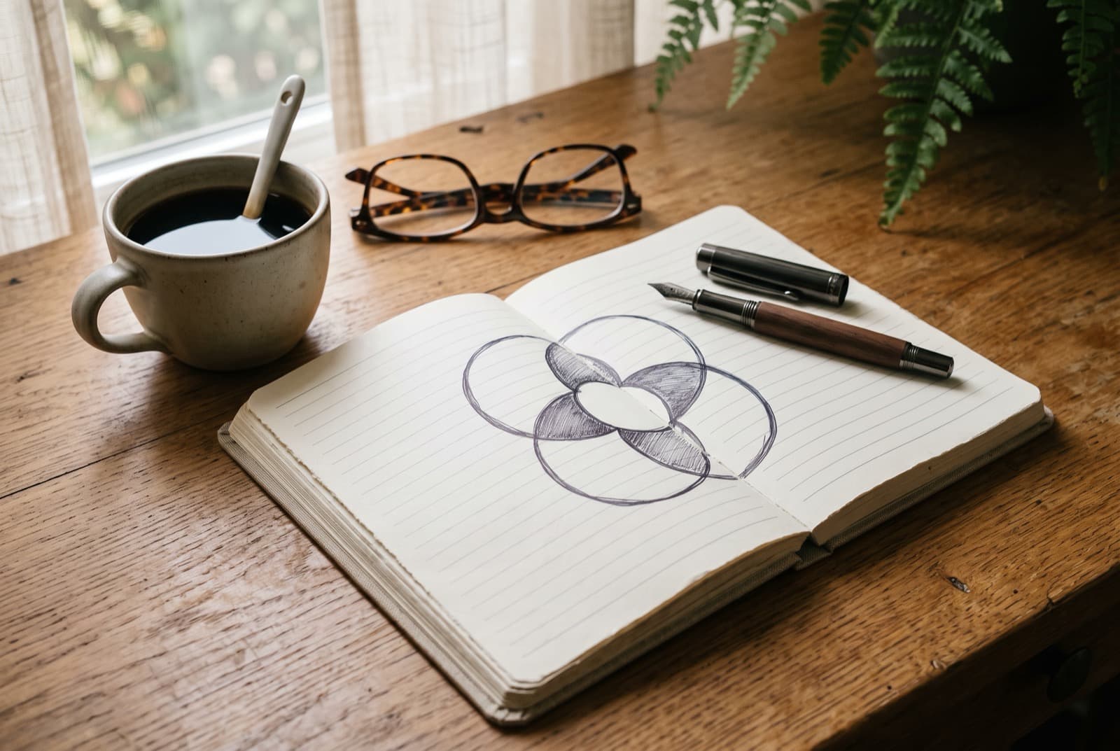 An open notebook with three overlapping circles drawn in ink, a fountain pen resting across the page