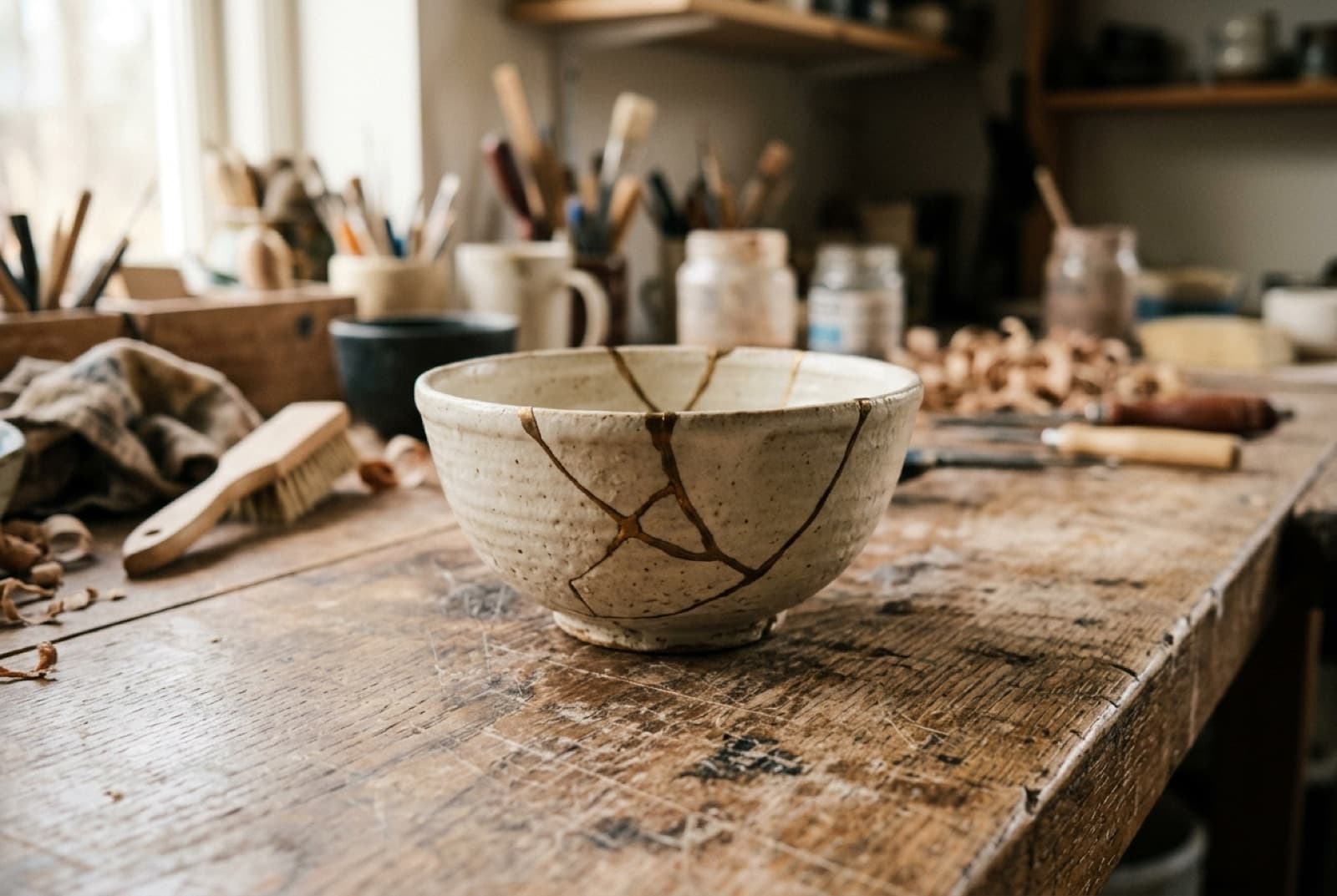 A repaired ceramic bowl on a wooden table