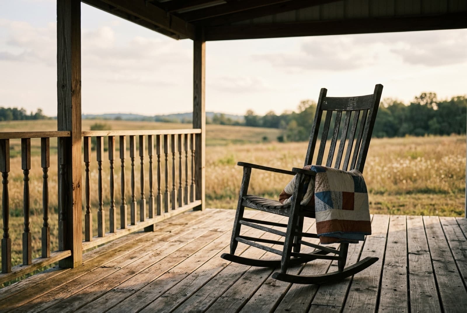 An empty porch chair in late afternoon light