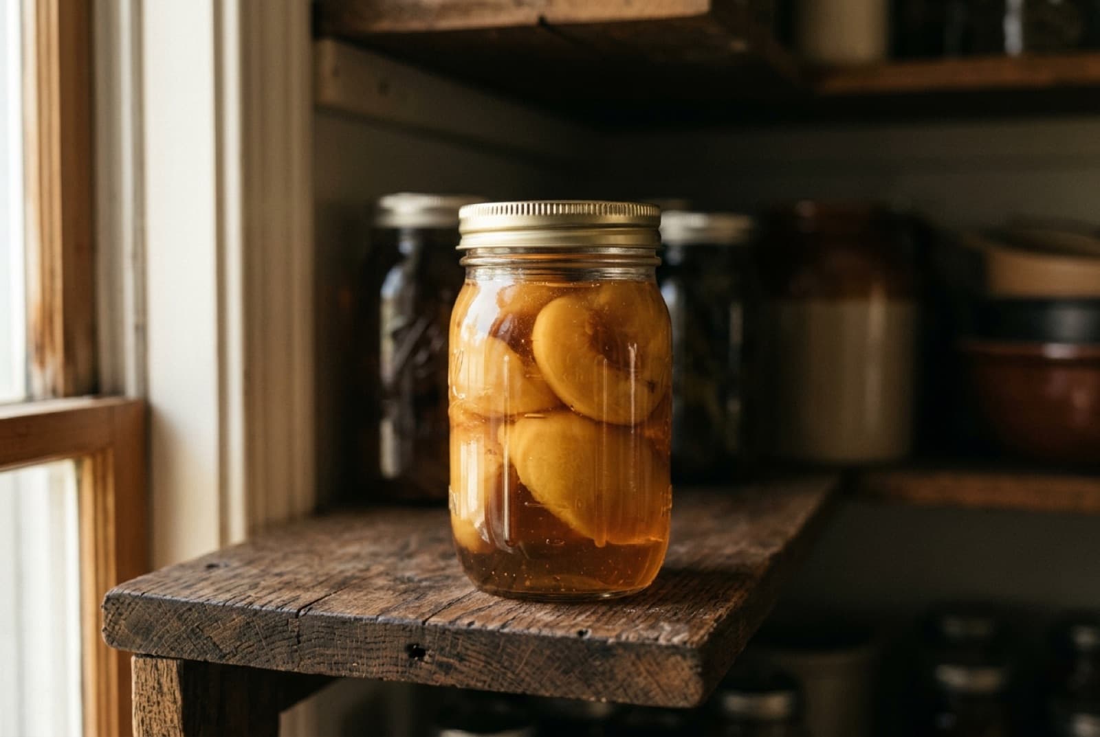 A vacuum-sealed mason jar of preserved peaches on a wooden pantry shelf