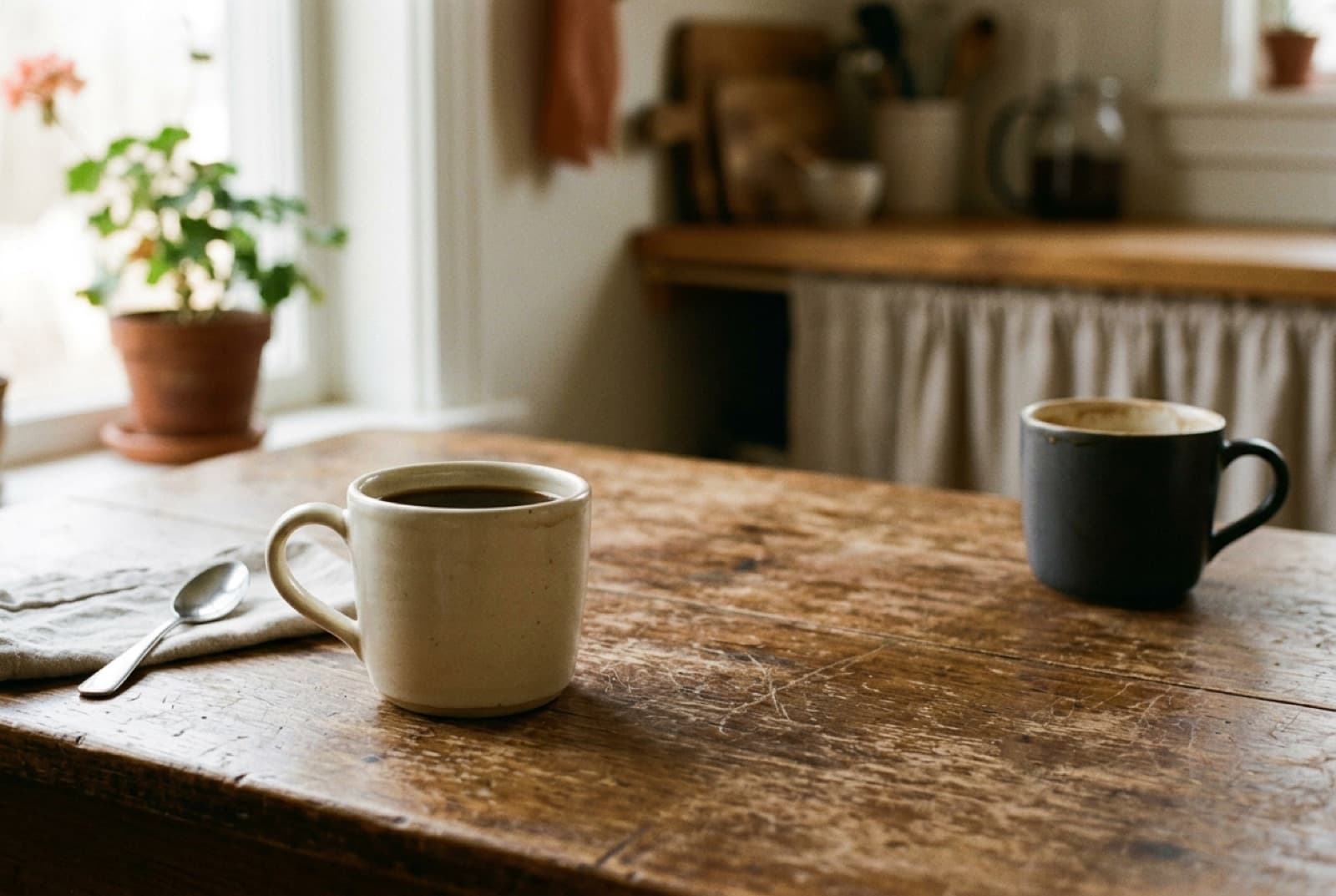 Two coffee cups on a table, one pushed away