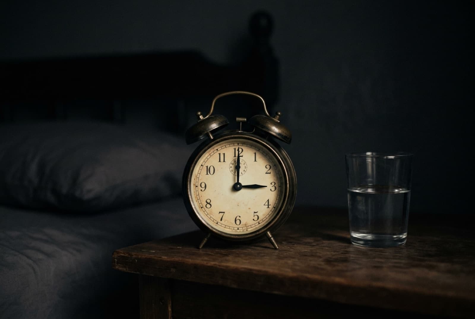 A bedside table in the dark with a clock face barely lit