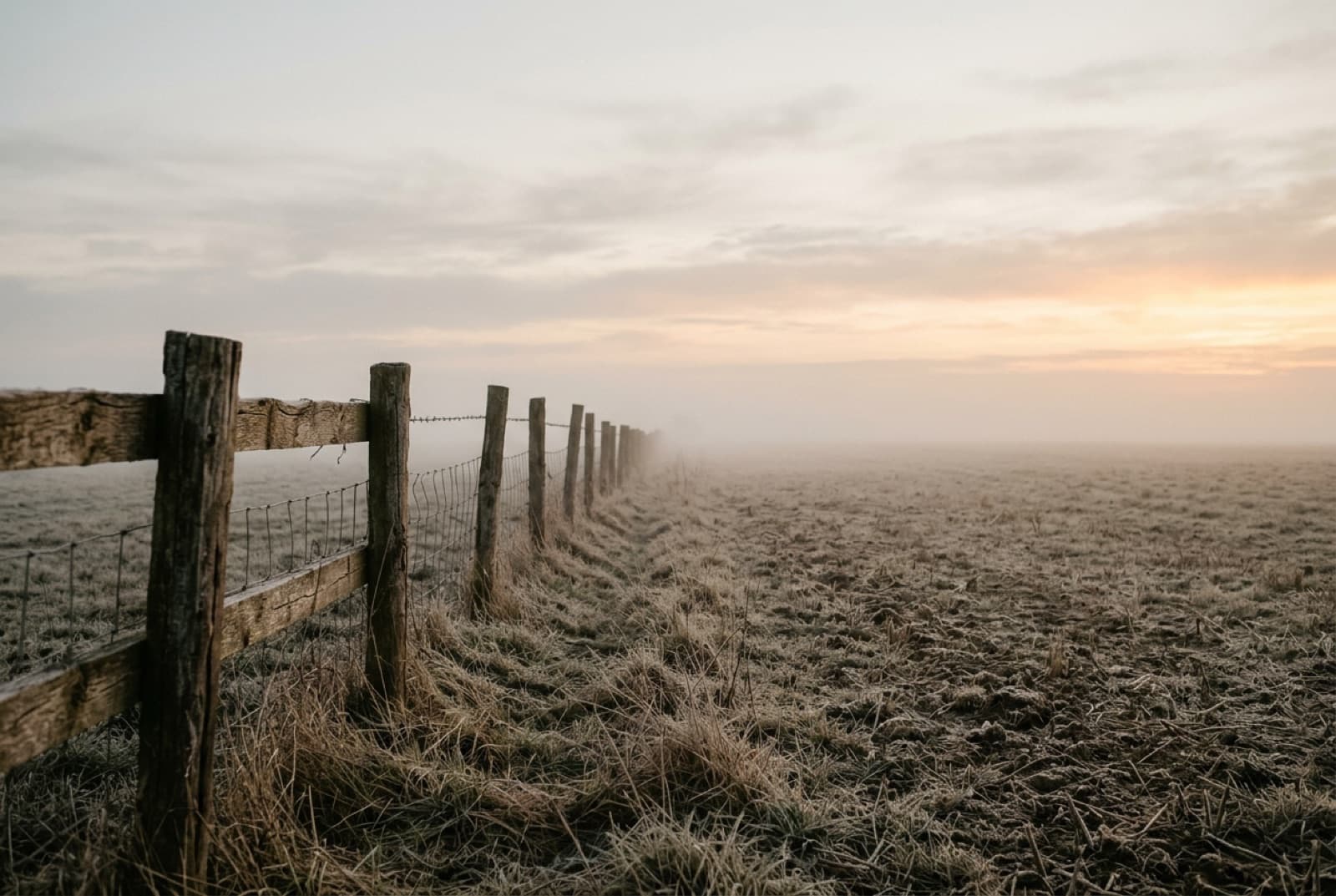 A field at dawn with fence posts and low fog