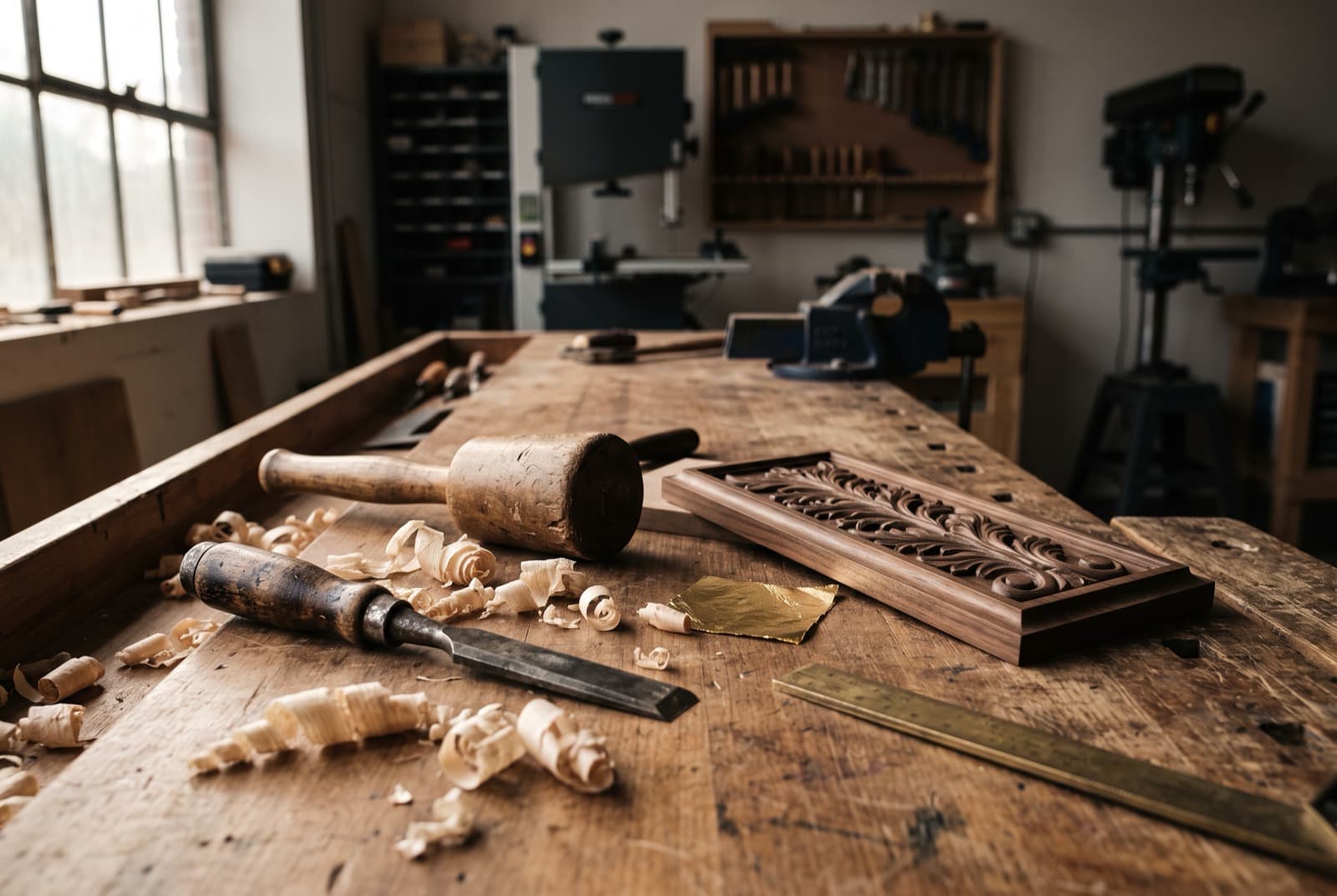 A woodworker's bench with a chisel, fresh shavings, and a small square of gold leaf catching morning light