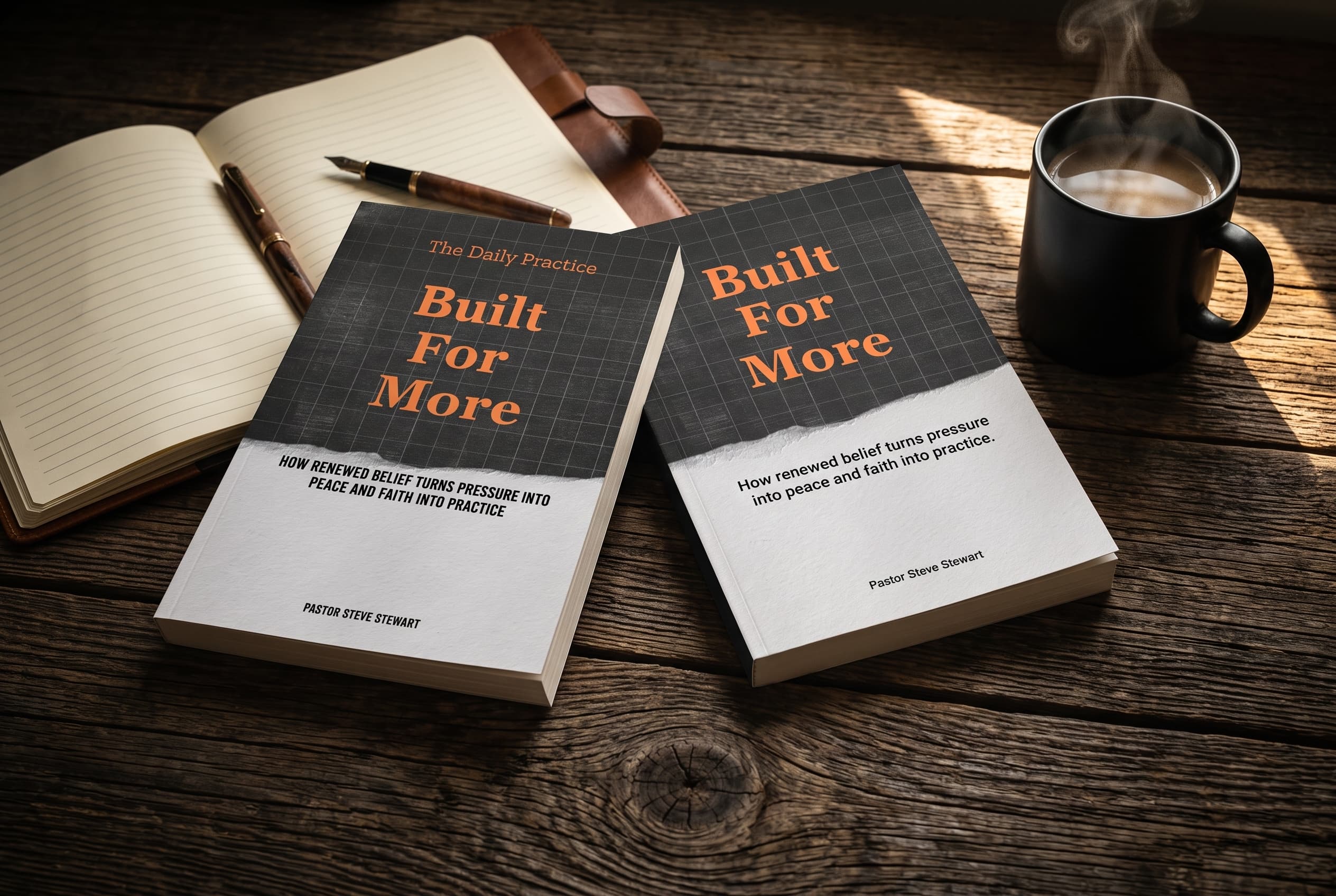 Built For More and The Daily Practice on a desk with journal and coffee